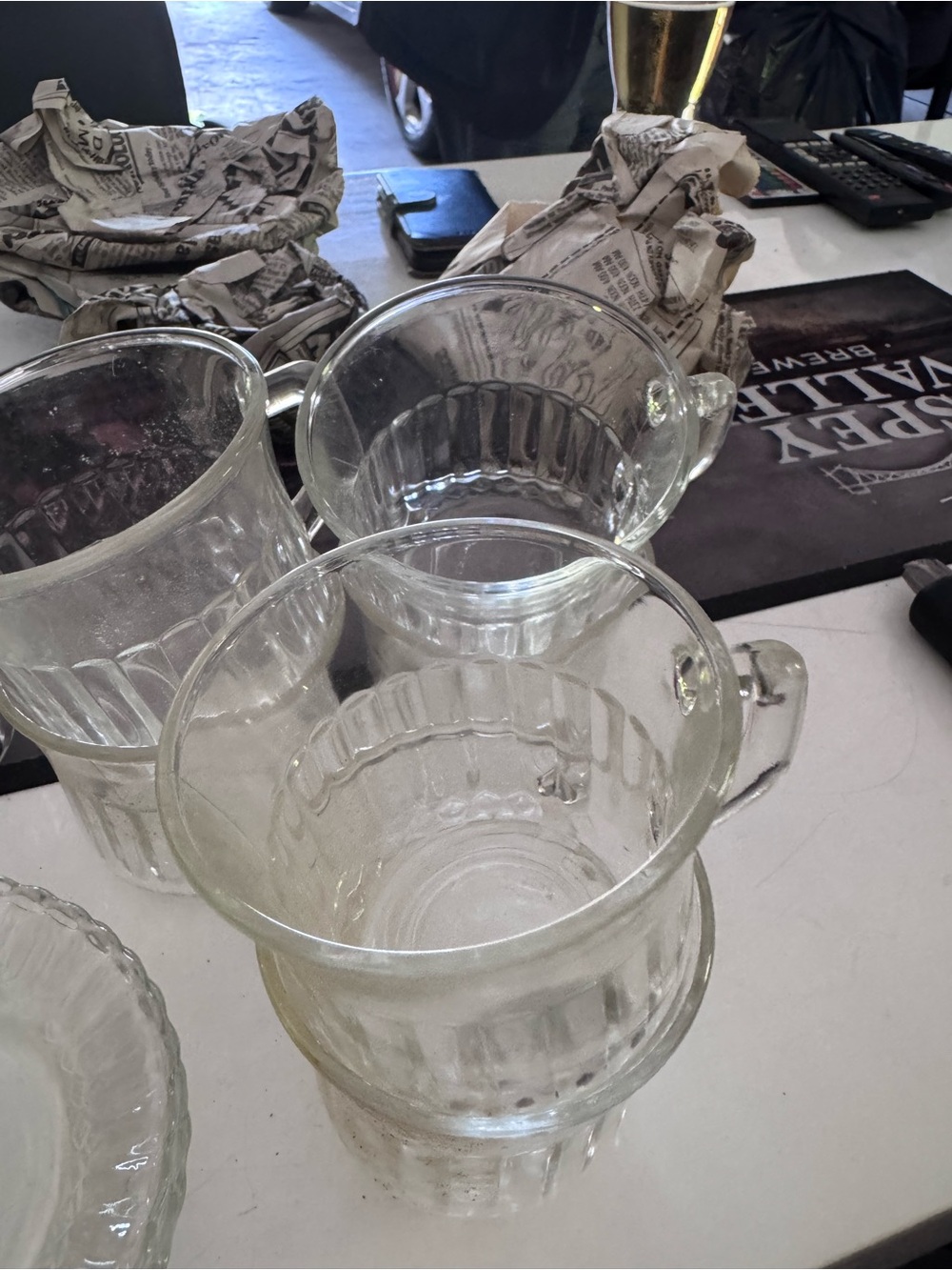 Set of 6 vintage Clear Fluted Glass Mugs with Ribbed Detail. Probably 8oz.